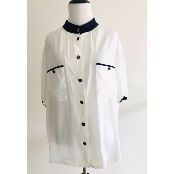 Oscar de la Renta | Vintage Top Womens Size 42 White Button Front Mock Neck - Picture 5 of 11